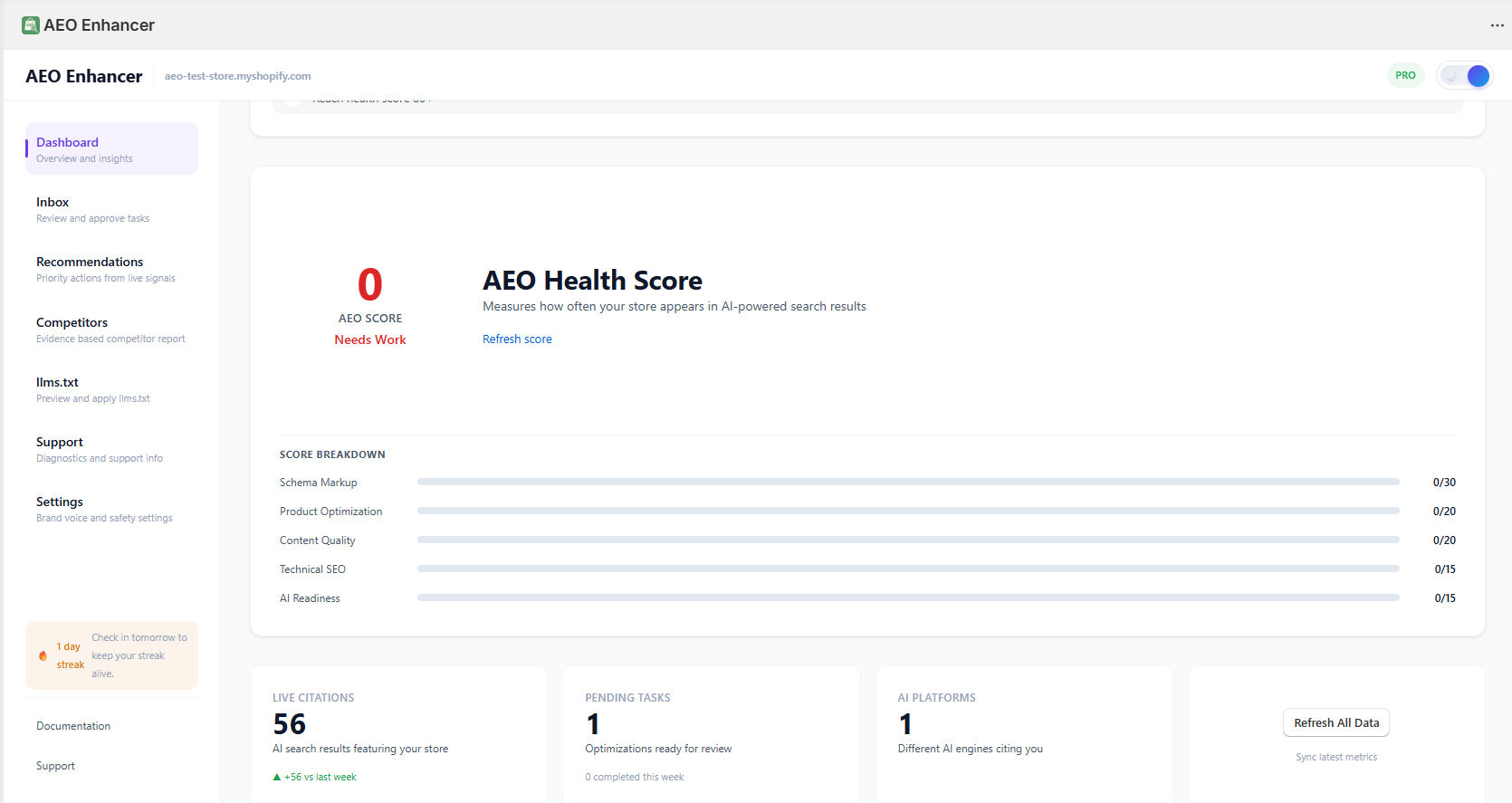 AEO Health Score — breakdown of schema markup, product optimization, content quality, technical SEO, and AI readiness