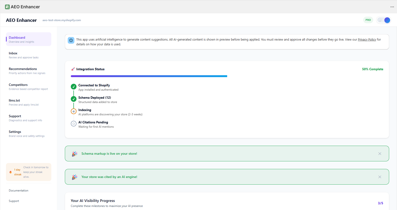 AEO Enhancer Dashboard — live citations, pending tasks, and AI platform tracking