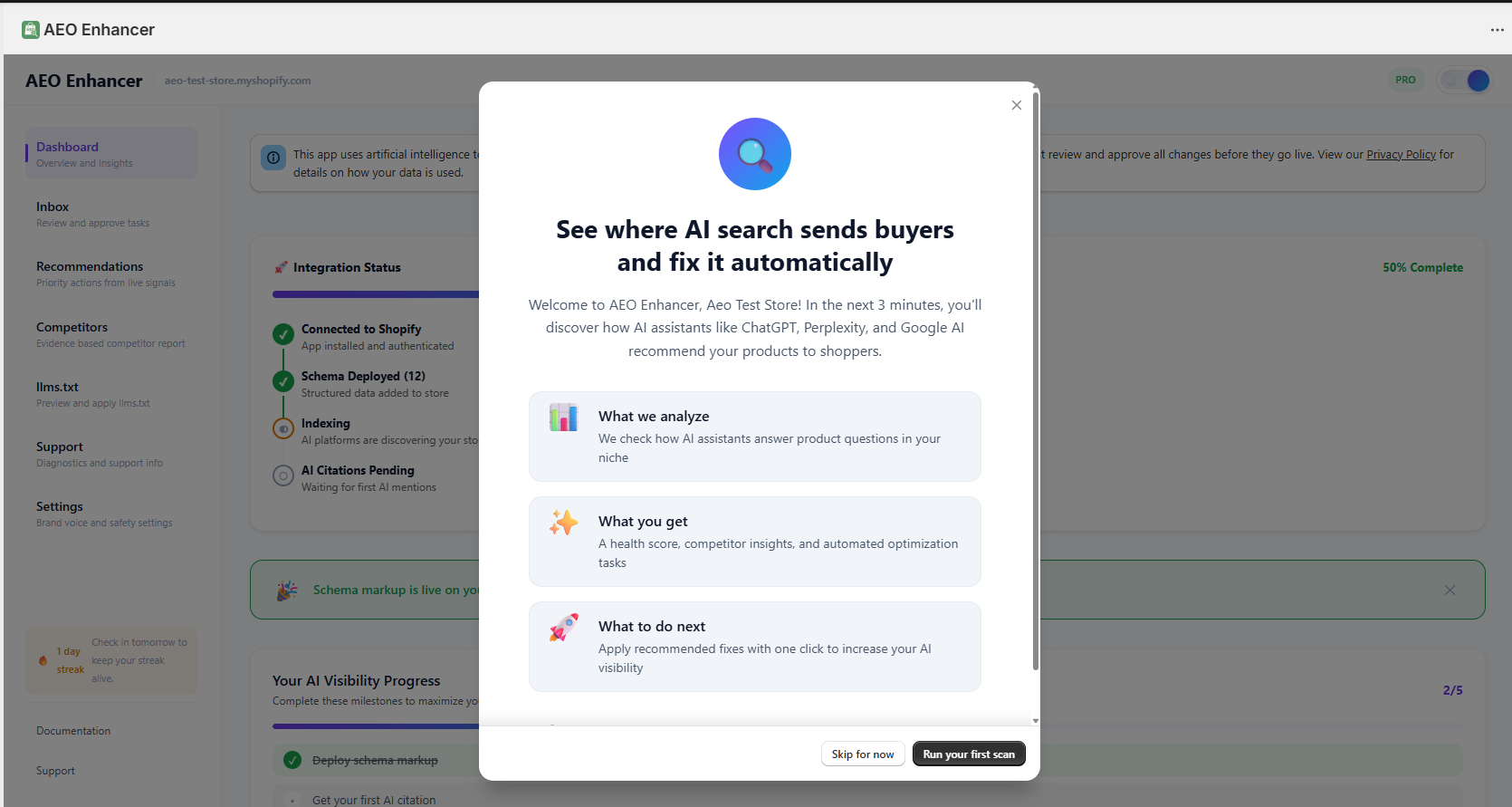 AEO Enhancer First Scan — see where AI search sends buyers and fix it automatically