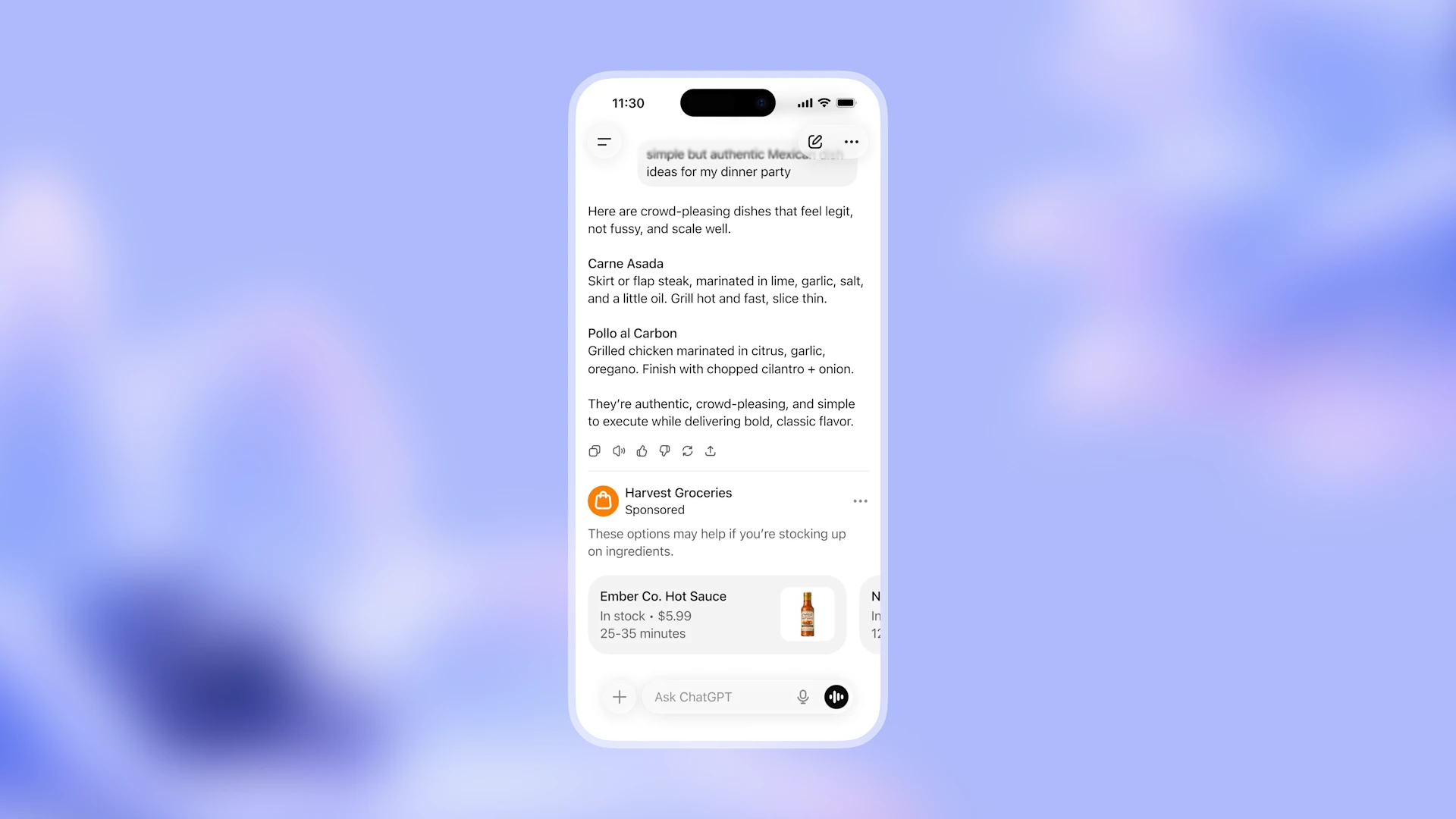 ChatGPT Ad Example showing sponsored placement in conversation