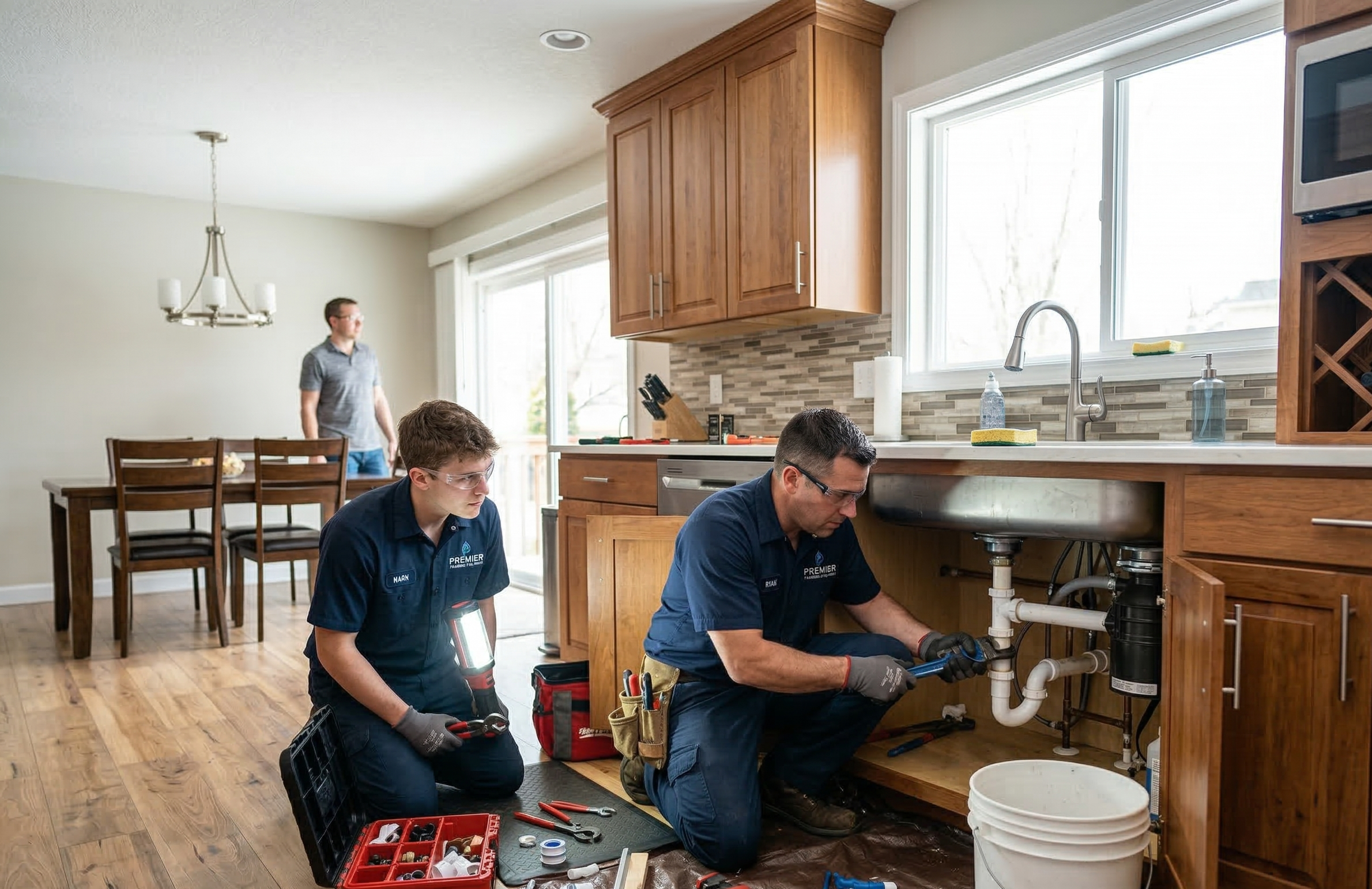 Professional plumbers working on kitchen sink plumbing